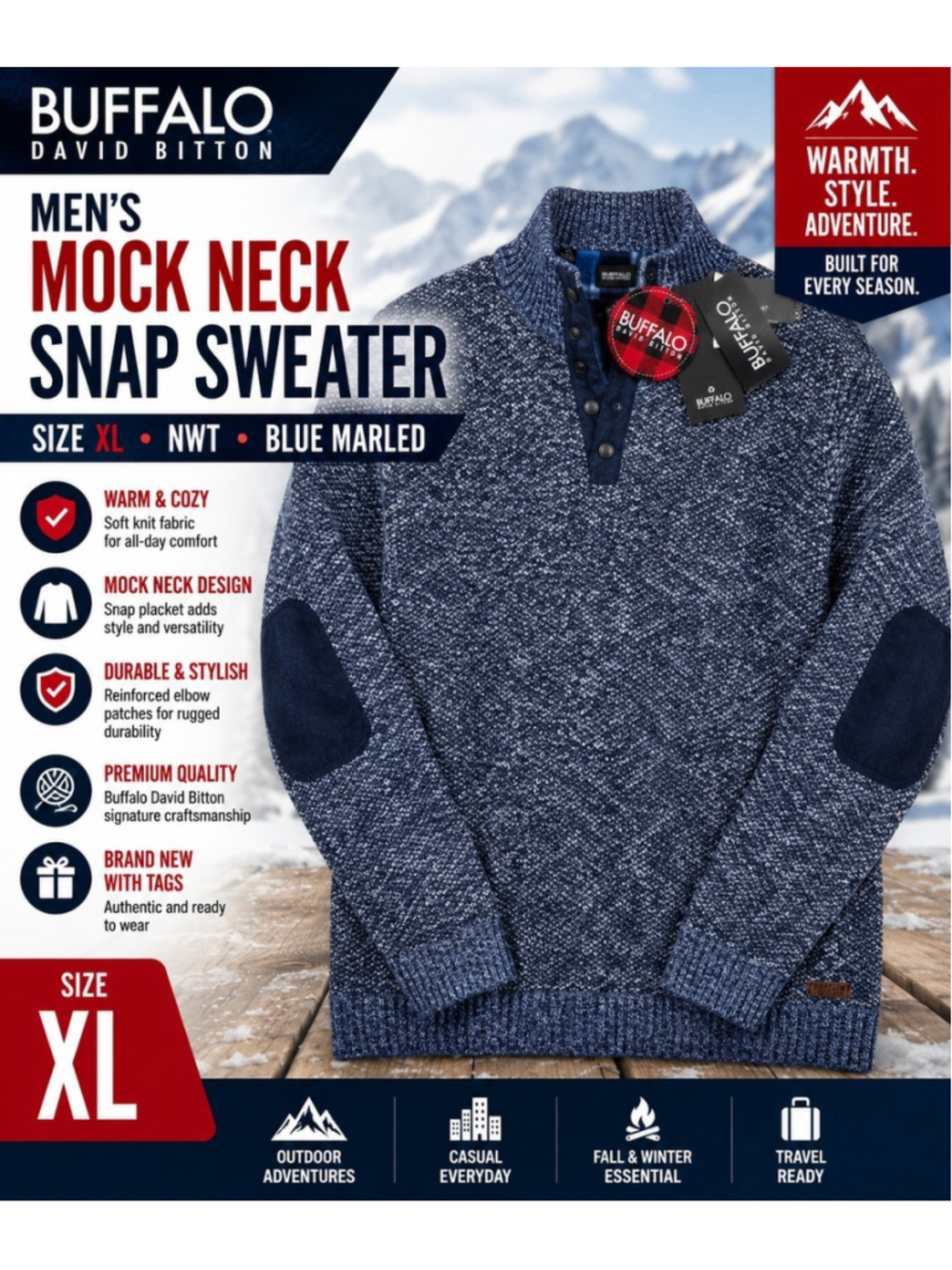 Buffalo David Bitton Men's Blue Marled Mock Neck Snap Sweater Size XL NWT Elbow